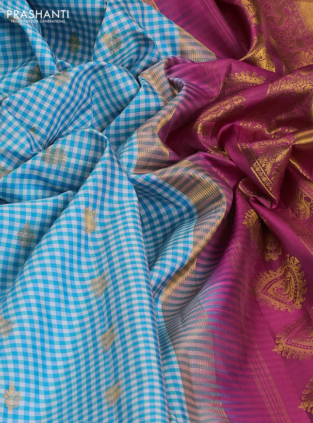 Pure gadwal silk saree off white light blue and pink with allover small checks & zari buttas and temple design zari woven border