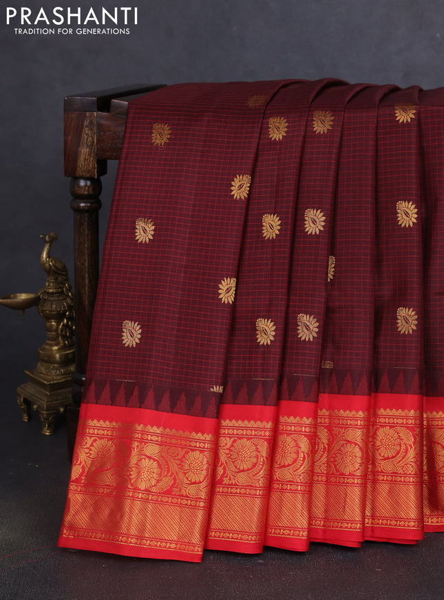 Pure gadwal silk saree deep maroon with allover zari checks & buttas and temple design zari woven border