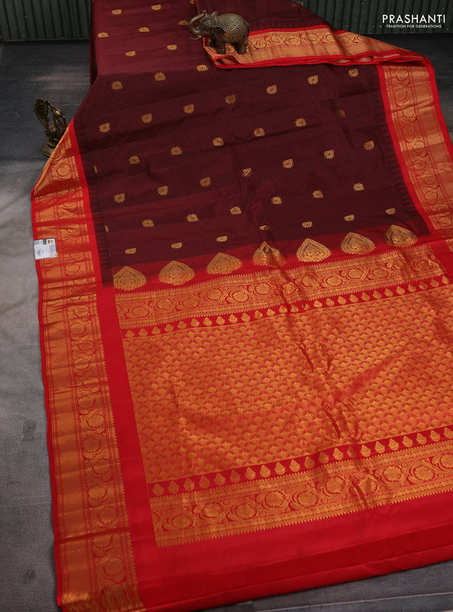 Pure gadwal silk saree deep maroon with allover zari checks & buttas and temple design zari woven border