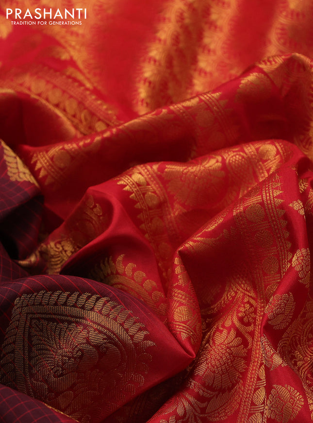 Pure gadwal silk saree deep maroon with allover zari checks & buttas and temple design zari woven border