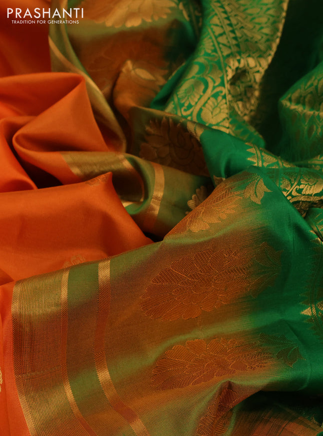Pure gadwal silk saree orange and green with zari woven buttas and temple design zari woven border