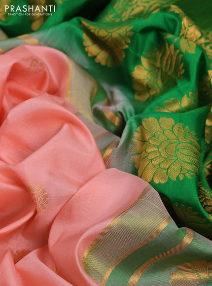 Pure gadwal silk saree mild peach and green with zari woven buttas and temple design zari woven border