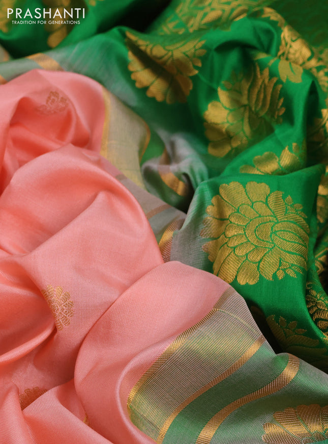 Pure gadwal silk saree mild peach and green with zari woven buttas and temple design zari woven border