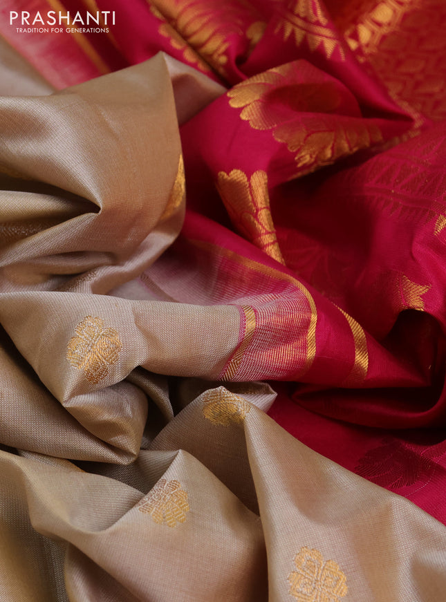 Pure gadwal silk saree beige and pink with allover zari woven buttas and temple design zari woven border
