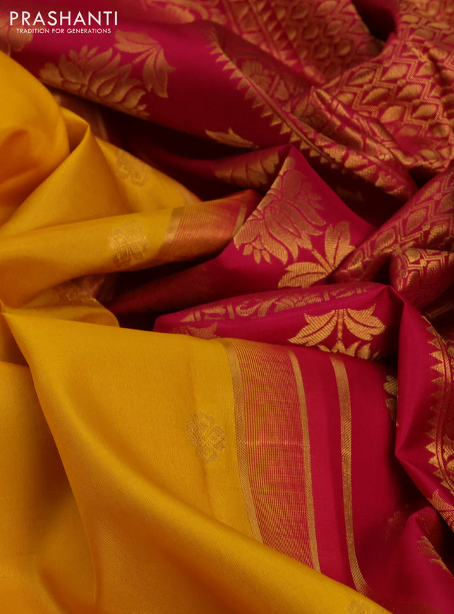 Pure gadwal silk saree mango yellow and pink with allover zari woven buttas and temple design zari woven border