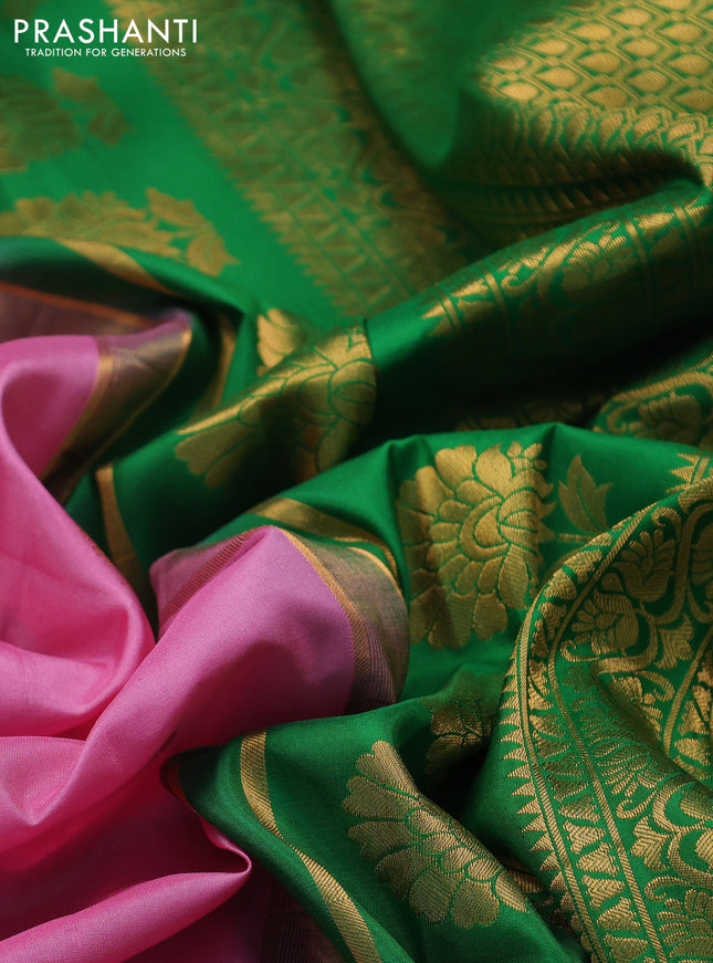 Pure gadwal silk saree light pink and green with allover zari woven buttas and temple design zari woven border