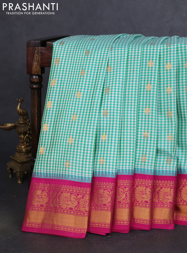 Pure gadwal silk saree cream teal green and magenta pink with allover checks & zari buttas and temple design zari woven border