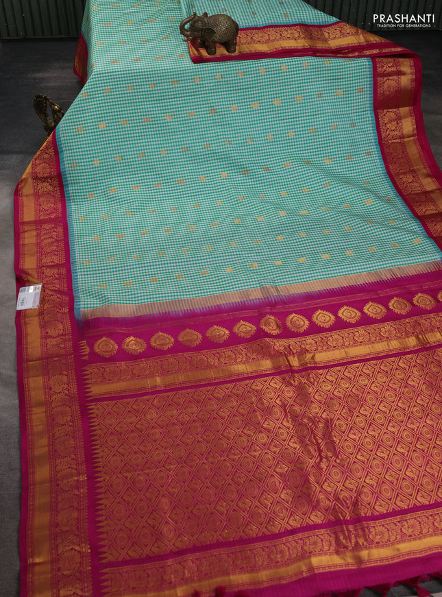 Pure gadwal silk saree cream teal green and magenta pink with allover checks & zari buttas and temple design zari woven border