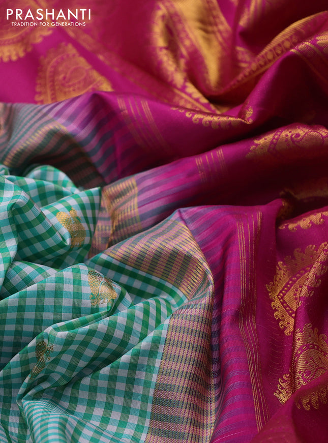 Pure gadwal silk saree cream teal green and magenta pink with allover checks & zari buttas and temple design zari woven border