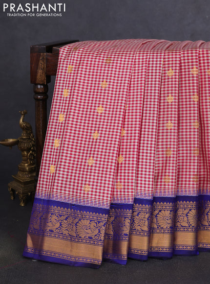 Pure gadwal silk saree cream maroon and blue with allover checks & zari buttas and temple design zari woven border