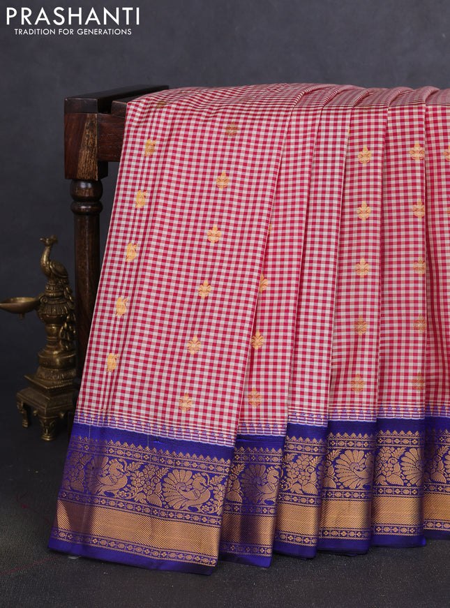 Pure gadwal silk saree cream maroon and blue with allover checks & zari buttas and temple design zari woven border