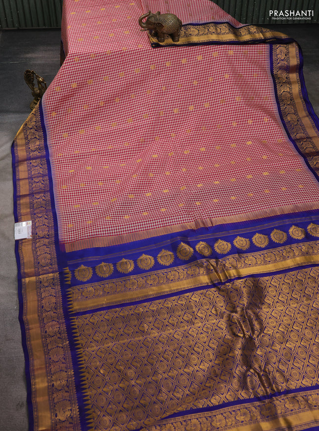 Pure gadwal silk saree cream maroon and blue with allover checks & zari buttas and temple design zari woven border