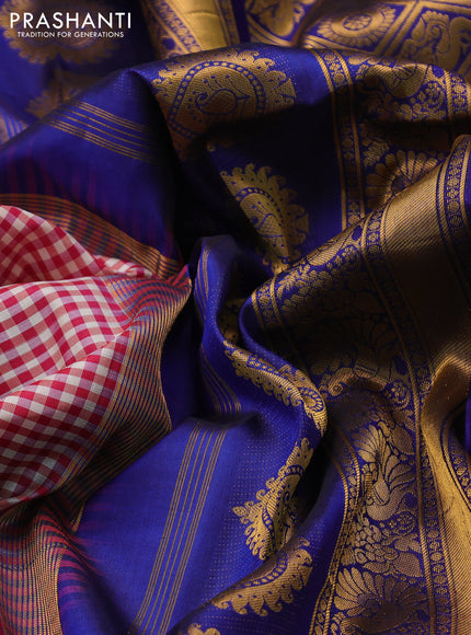 Pure gadwal silk saree cream maroon and blue with allover checks & zari buttas and temple design zari woven border