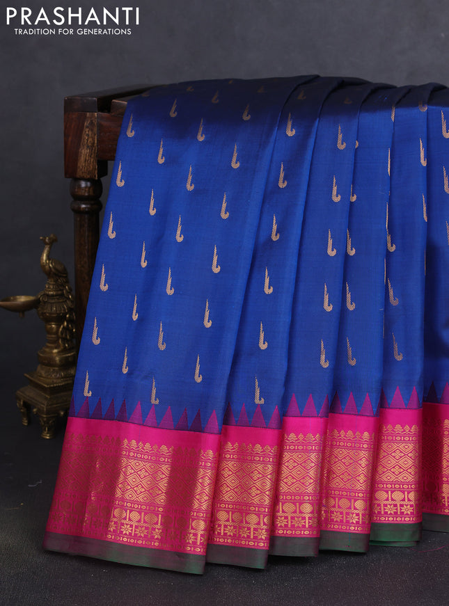Pure gadwal silk saree peacock blue and pink with zari woven muniya buttas and temple design zari woven border