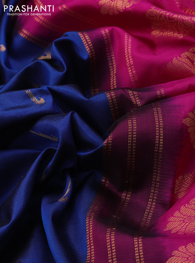 Pure gadwal silk saree peacock blue and pink with zari woven muniya buttas and temple design zari woven border