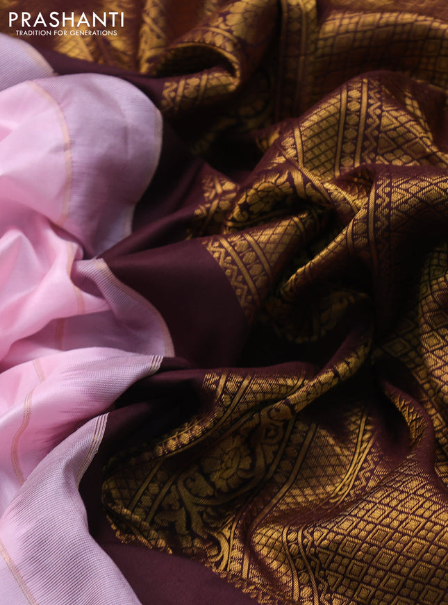 Pure gadwal silk saree mild peach pink and coffee brown with allover zari woven buttas and temple design zari woven border