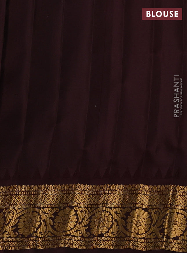Pure gadwal silk saree mild peach pink and coffee brown with allover zari woven buttas and temple design zari woven border