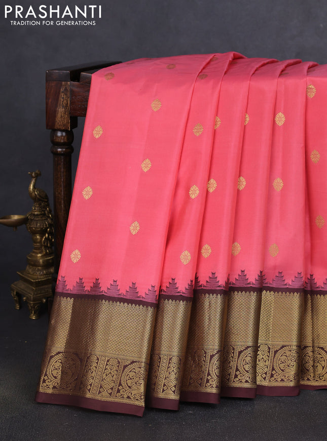 Pure gadwal silk saree peach pink and coffee brown with zari woven buttas and temple design zari woven border