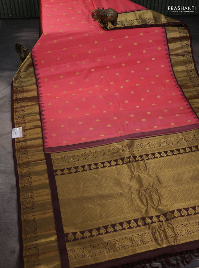 Pure gadwal silk saree peach pink and coffee brown with zari woven buttas and temple design zari woven border