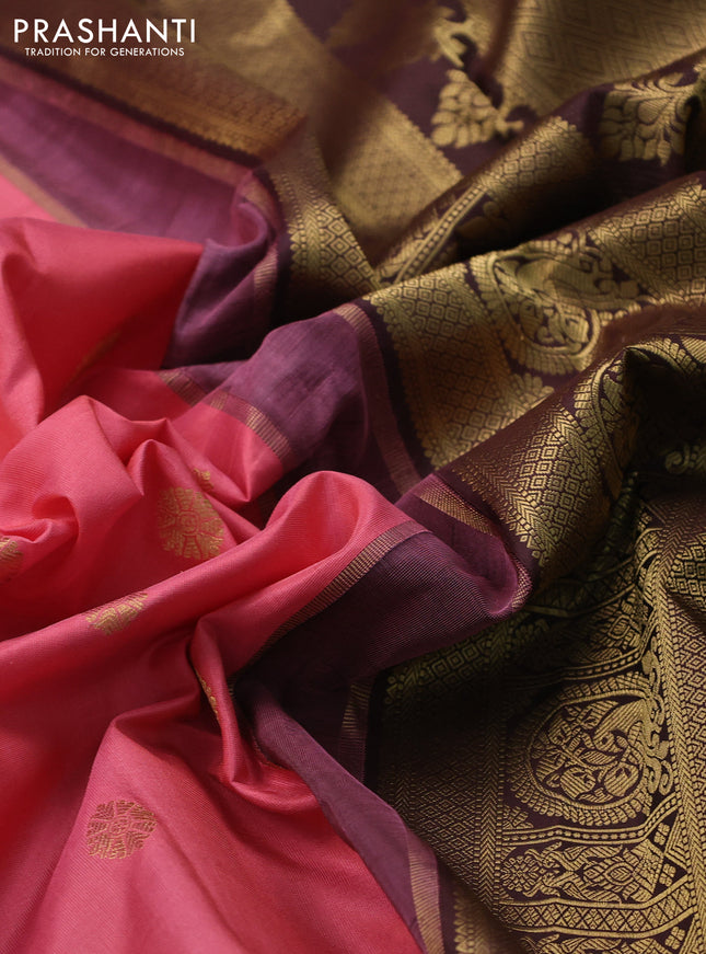 Pure gadwal silk saree peach pink and coffee brown with zari woven buttas and temple design zari woven border