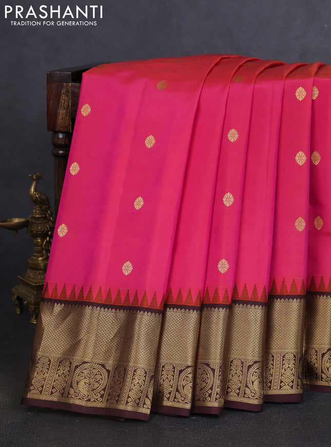Pure gadwal silk saree dual shade of pink and coffee brown with zari woven buttas and temple design zari woven border
