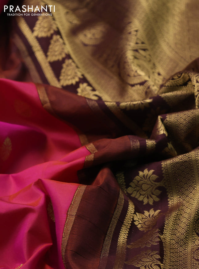 Pure gadwal silk saree dual shade of pink and coffee brown with zari woven buttas and temple design zari woven border
