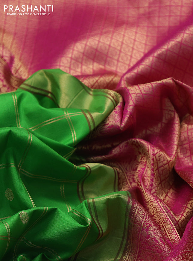 Pure gadwal silk saree parrot green and pink with allover zari checks & buttas and temple design zari woven border