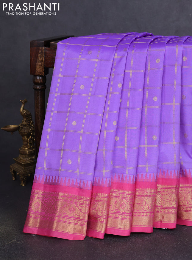 Pure gadwal silk saree lavender and pink with allover zari checks & buttas and temple design zari woven border