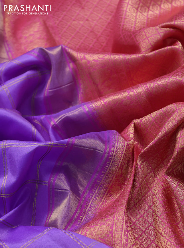 Pure gadwal silk saree lavender and pink with allover zari checks & buttas and temple design zari woven border