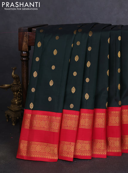Pure gadwal silk saree deep bottle green and red with zari woven buttas and rettapet zari woven border
