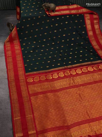Pure gadwal silk saree deep bottle green and red with zari woven buttas and rettapet zari woven border