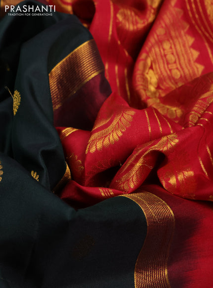 Pure gadwal silk saree deep bottle green and red with zari woven buttas and rettapet zari woven border