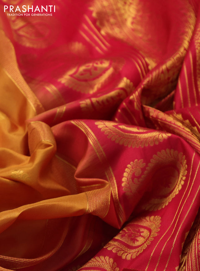 Pure gadwal silk saree dark mustard and red with zari woven buttas and rettapet zari woven border