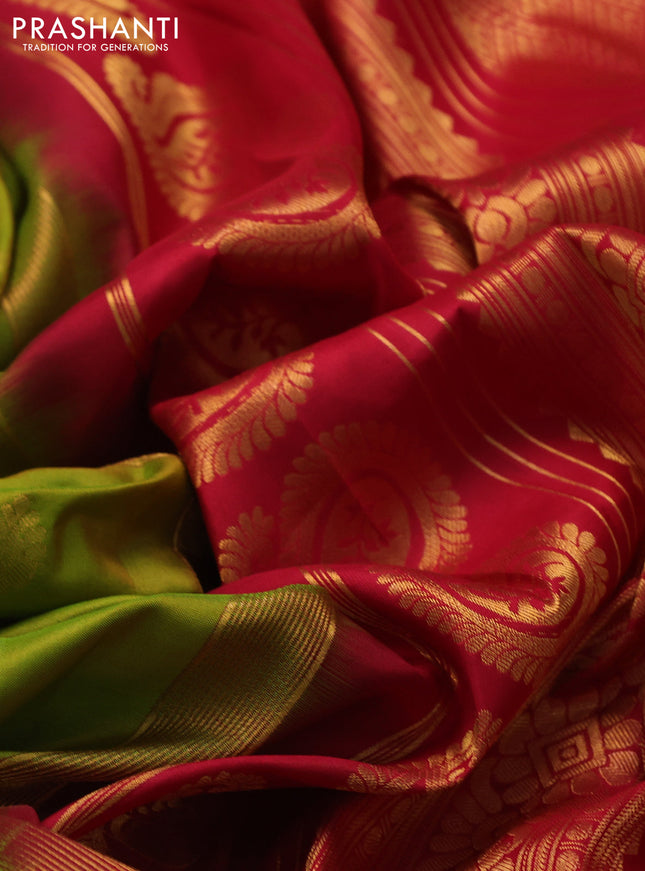 Pure gadwal silk saree dual shade of light green and red with zari woven buttas and temple design zari woven border