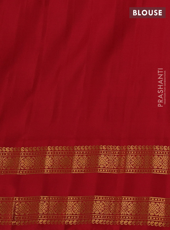 Pure gadwal silk saree dual shade of light green and red with zari woven buttas and temple design zari woven border