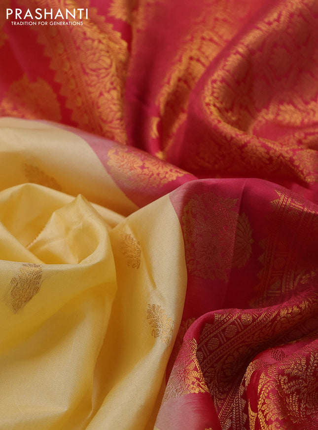 Pure gadwal silk saree pale yellow and red with zari woven buttas and temple design zari woven border