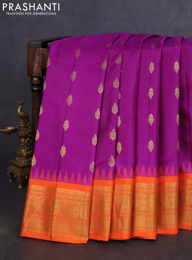 Pure gadwal silk saree purple and orange with zari woven buttas and temple design zari woven border