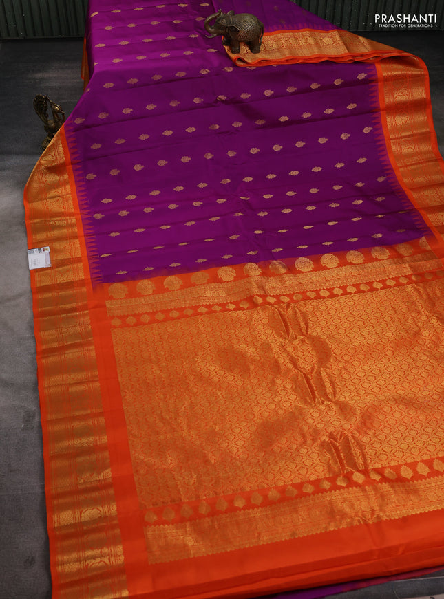 Pure gadwal silk saree purple and orange with zari woven buttas and temple design zari woven border
