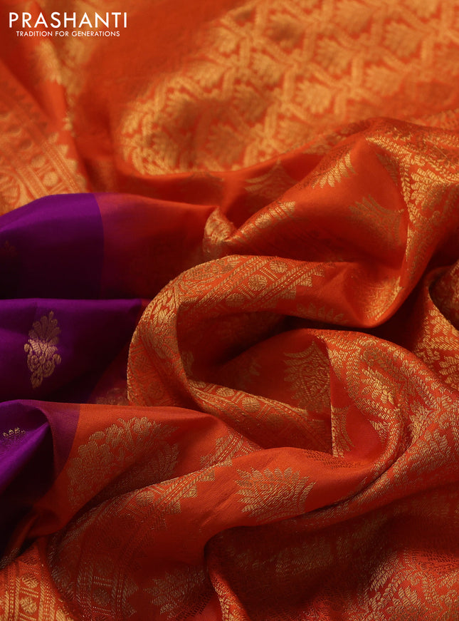 Pure gadwal silk saree purple and orange with zari woven buttas and temple design zari woven border
