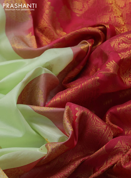 Pure gadwal silk saree mild pista green and red with zari woven buttas and temple design zari woven border