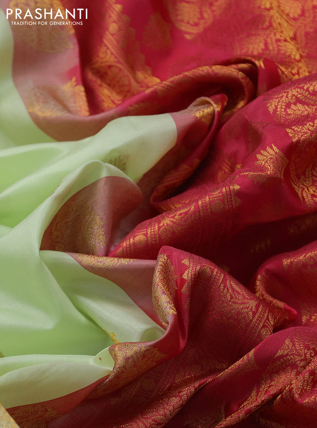 Pure gadwal silk saree mild pista green and red with zari woven buttas and temple design zari woven border