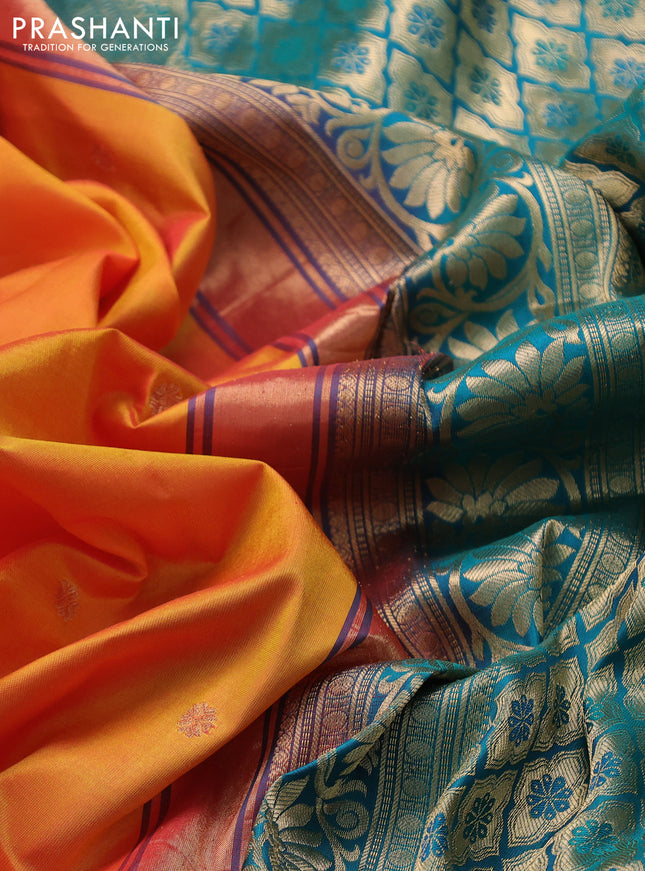 Pure gadwal silk saree dual shade of mustard yellowish pink and teal green with zari woven buttas and temple design zari woven korvai border
