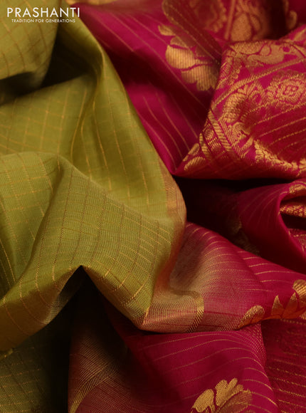 Pure gadwal silk saree mustard green and pink with allover zari checks & buttas and temple design zari woven border