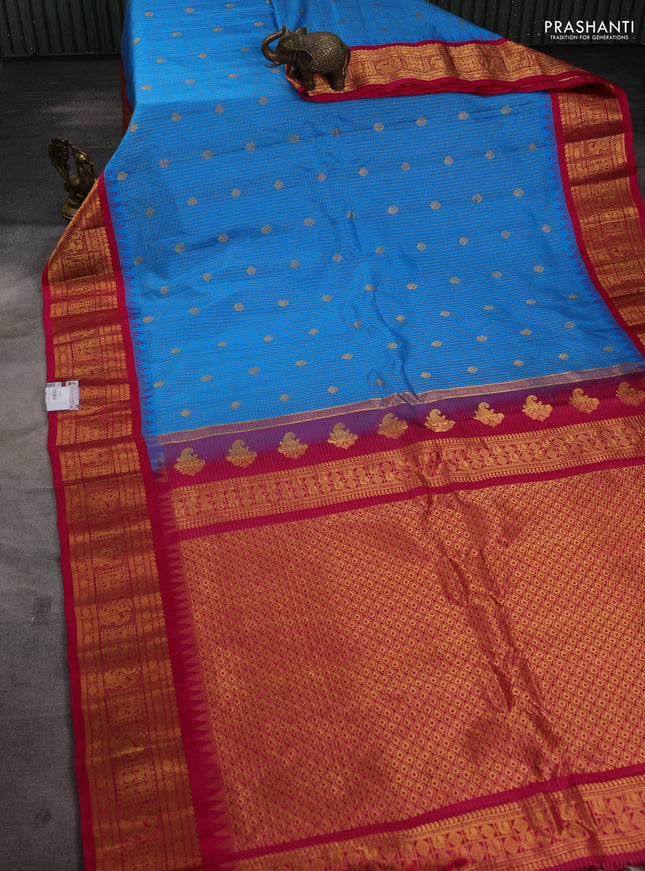 Pure gadwal silk saree cs blue and pink with allover zari checks & buttas and temple design zari woven border