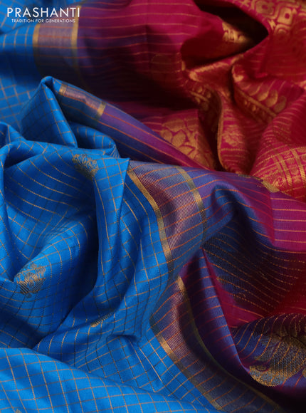 Pure gadwal silk saree cs blue and pink with allover zari checks & buttas and temple design zari woven border