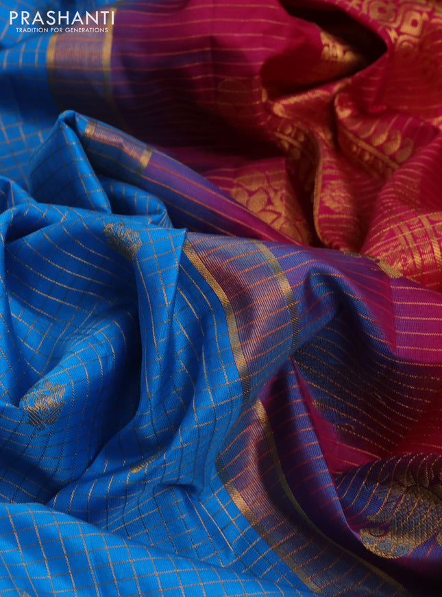 Pure gadwal silk saree cs blue and pink with allover zari checks & buttas and temple design zari woven border
