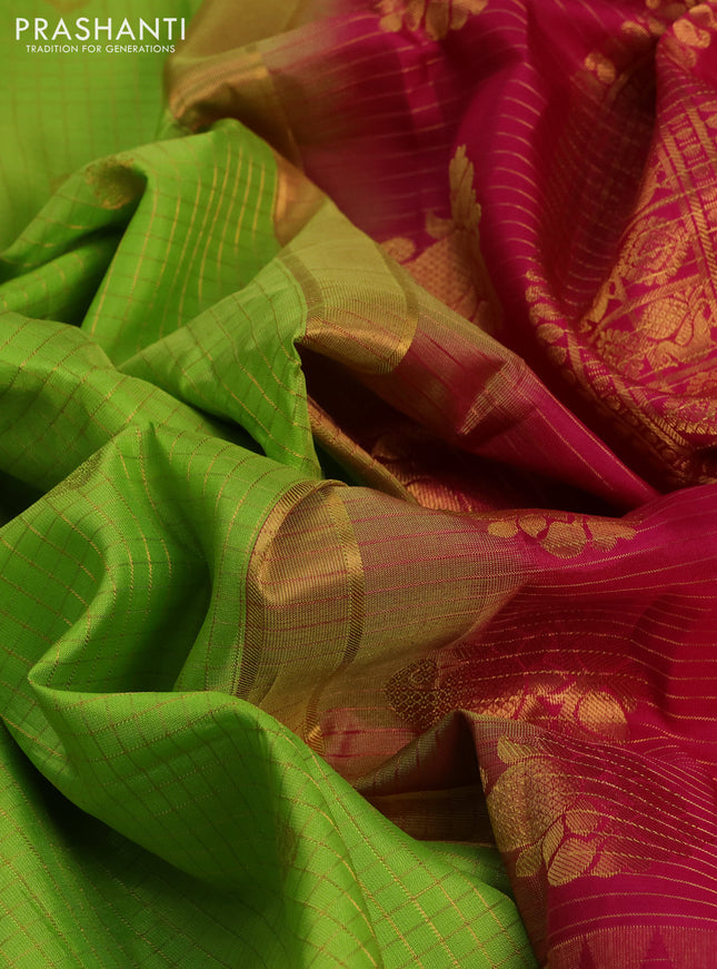 Pure gadwal silk saree light green and pink with allover zari checks & buttas and temple design zari woven border