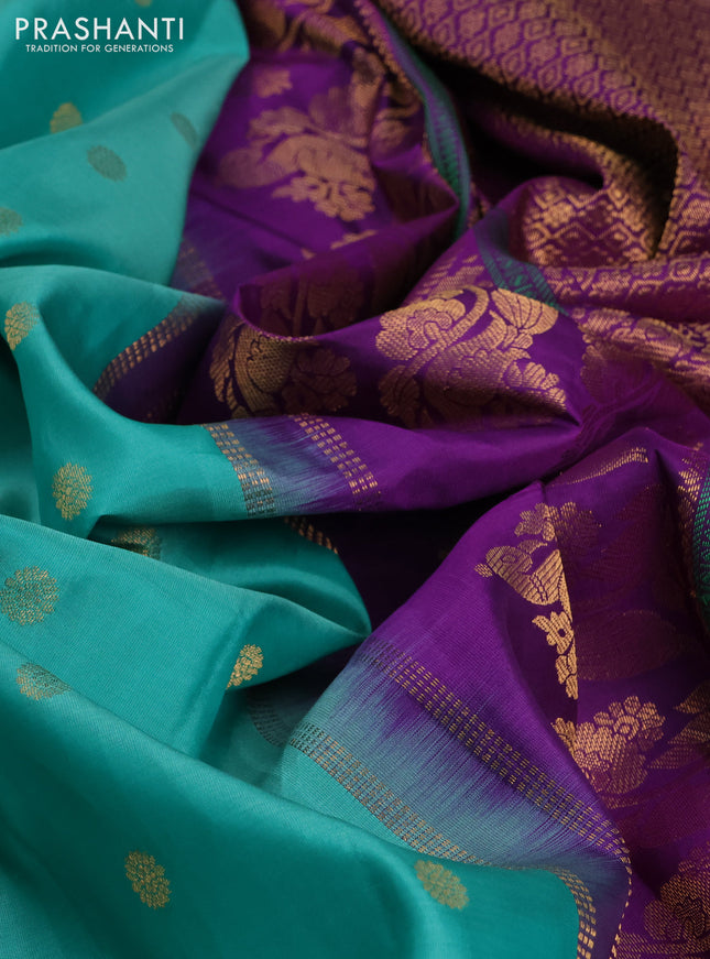 Pure gadwal silk saree teal green and purple with allover zari woven buttas and temple design zari woven border