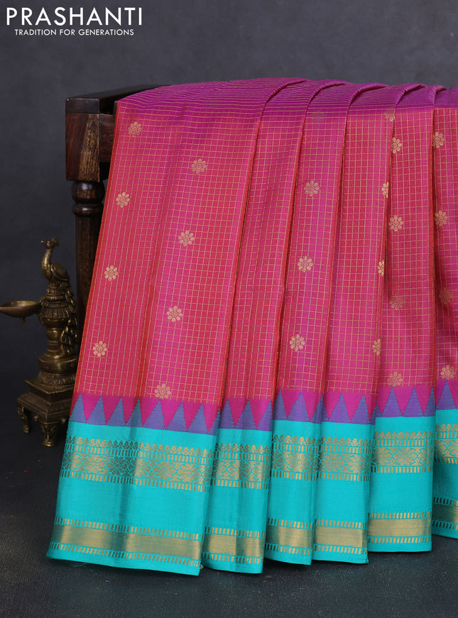 Pure gadwal silk saree dual shade of purple and teal green with allover zari checks & buttas and temple design rettapet zari woven border