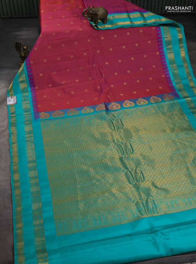 Pure gadwal silk saree dual shade of purple and teal green with allover zari checks & buttas and temple design rettapet zari woven border